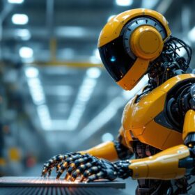A photograph of a sleek industrial robot in action within a modern manufacturing environment