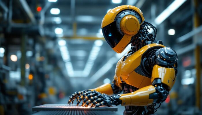 A photograph of a sleek industrial robot in action within a modern manufacturing environment