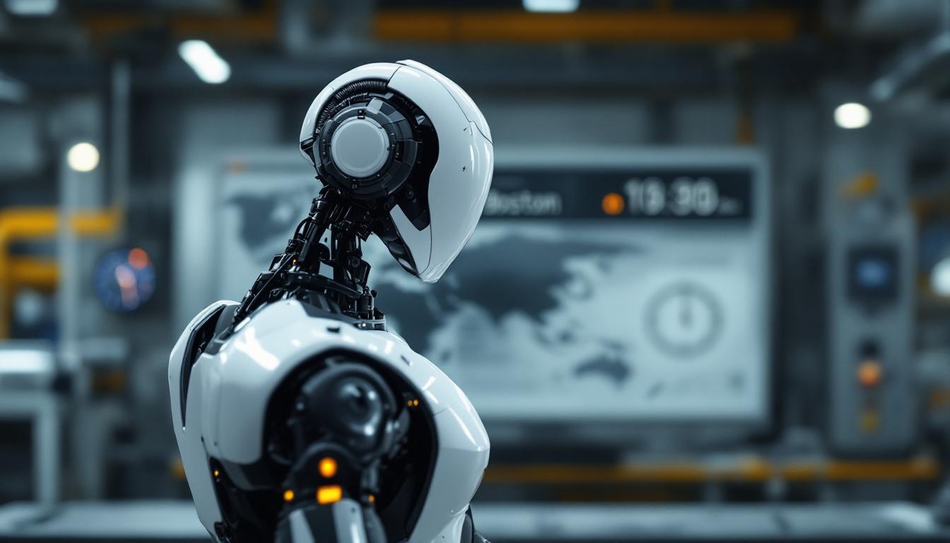 A photograph of a sleek industrial robot in action within a manufacturing setting