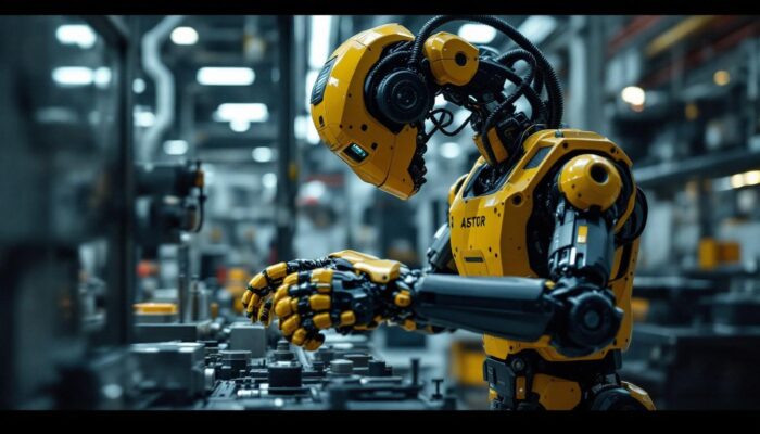 A photograph of a modern industrial robot in action within a manufacturing environment