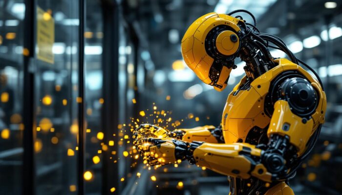 A photograph of a sleek industrial robot in action