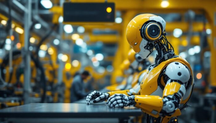 A photograph of a sleek industrial robot in action