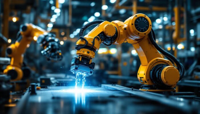 A photograph of a dynamic industrial setting featuring a state-of-the-art robotic arm in action