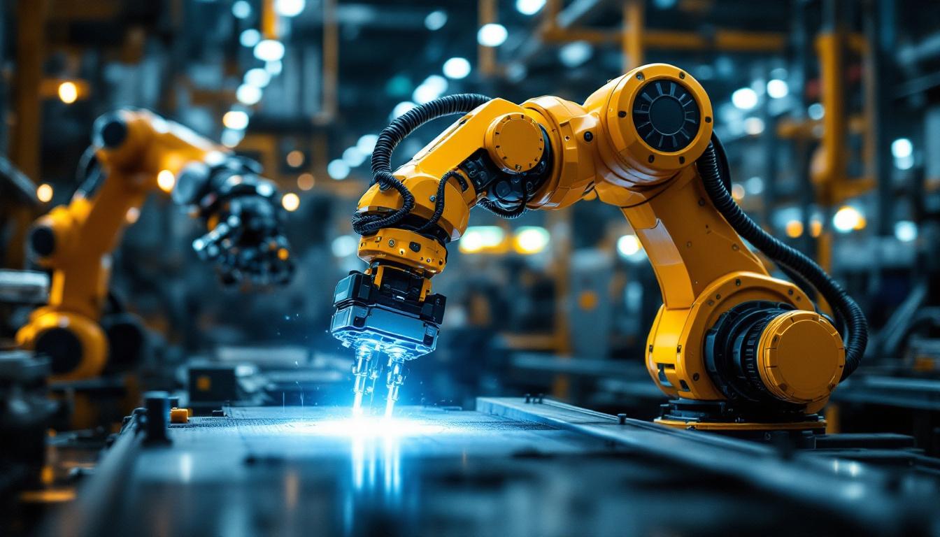 A photograph of a dynamic industrial setting featuring a state-of-the-art robotic arm in action