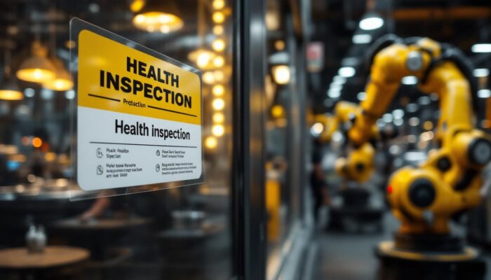 A photograph of a bustling boston street scene with a focus on a health inspection sticker prominently displayed on a local restaurant's window