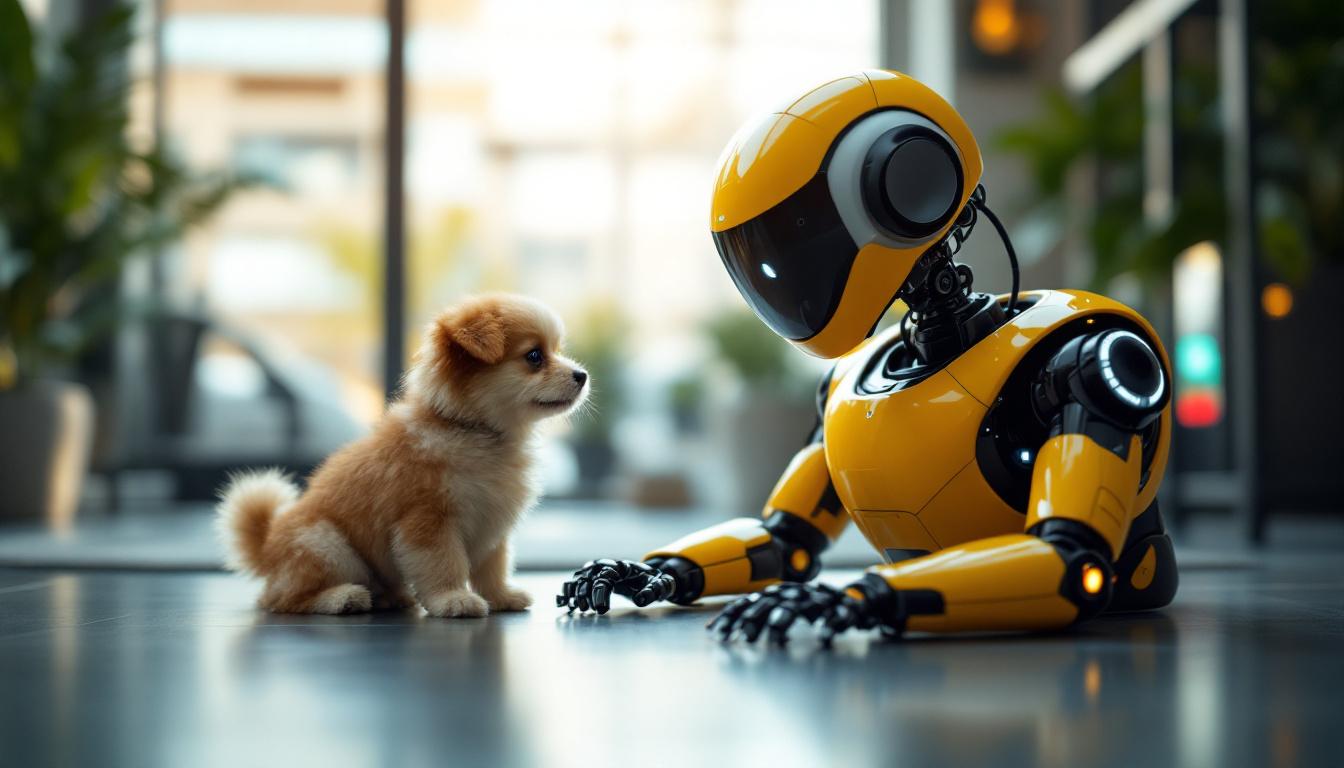 A photograph of a playful mini dog interacting with a sleek industrial robot in a modern