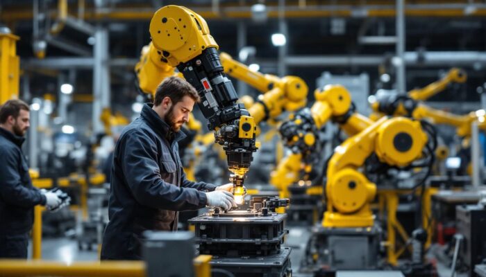 A photograph of a dynamic industrial robotics setup in a seattle manufacturing environment
