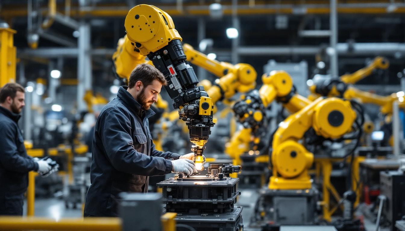 A photograph of a dynamic industrial robotics setup in a seattle manufacturing environment