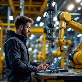 A photograph of a skilled engineer programming or interacting with an industrial robotic arm in a modern manufacturing environment