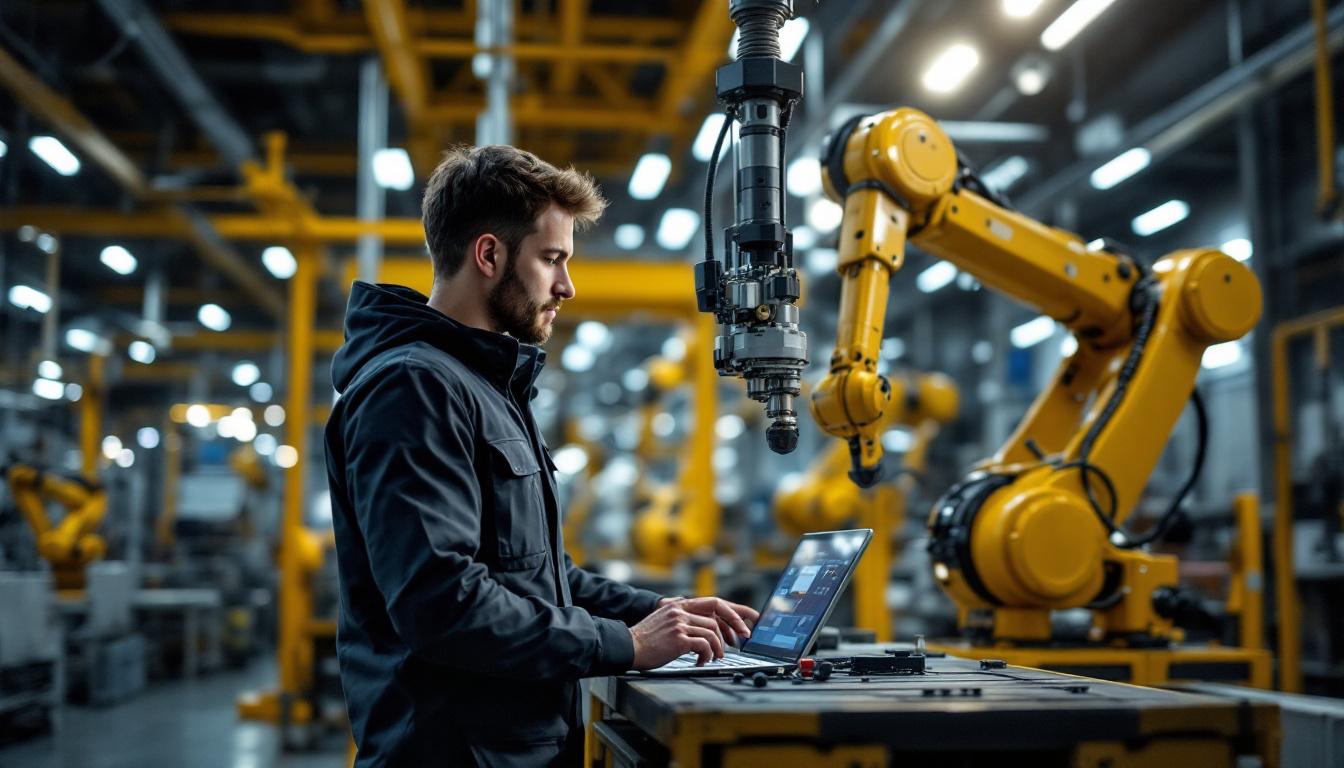A photograph of a skilled engineer programming or interacting with an industrial robotic arm in a modern manufacturing environment