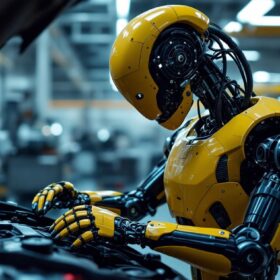A photograph of capture a photograph of a sleek industrial robot in action within an automotive sales or repair setting