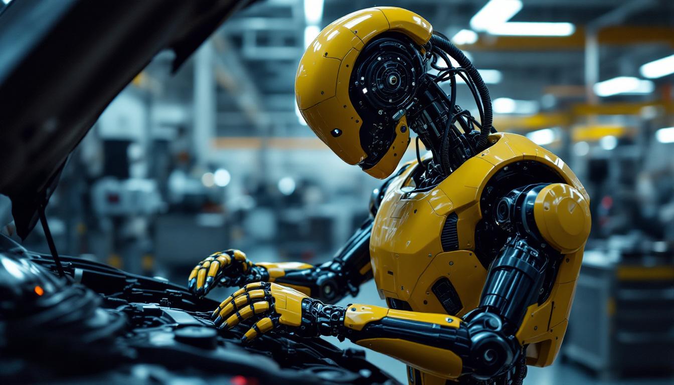 A photograph of capture a photograph of a sleek industrial robot in action within an automotive sales or repair setting