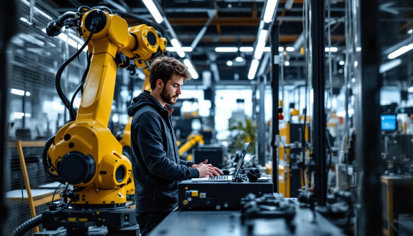 A photograph of a junior ux researcher engaging with an industrial robotic system