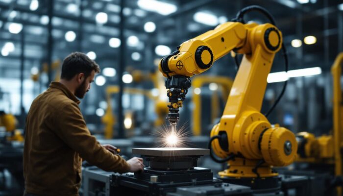 A photograph of capture a photograph of a sleek industrial robotic arm in action within a modern manufacturing facility