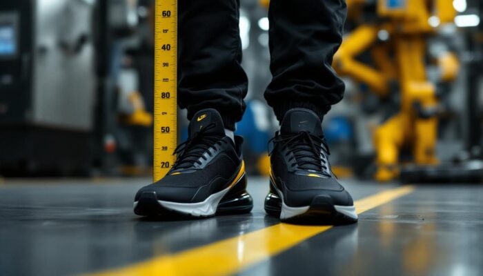 A photograph of capture a photograph of a person wearing air max 270 sneakers standing next to a measuring tape or ruler