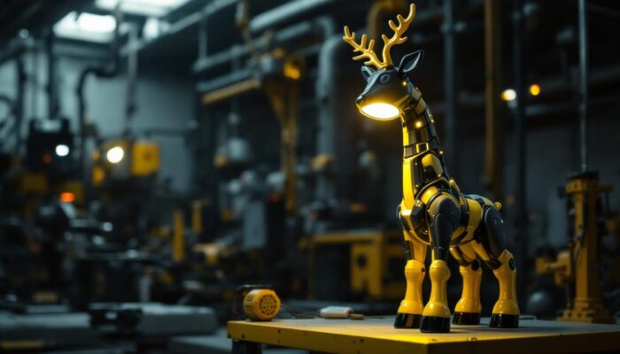A photograph of a whimsical deer leg lamp prominently displayed in an industrial setting