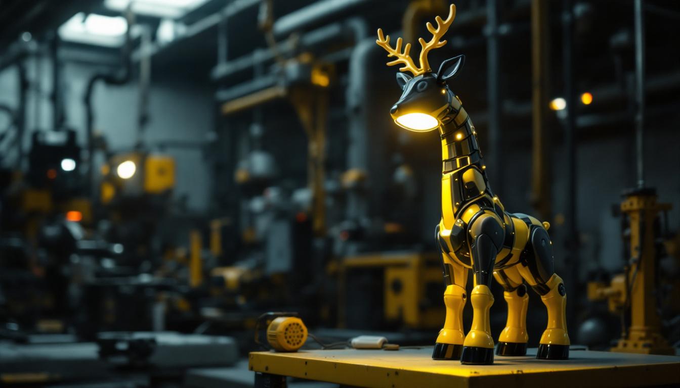 A photograph of a whimsical deer leg lamp prominently displayed in an industrial setting