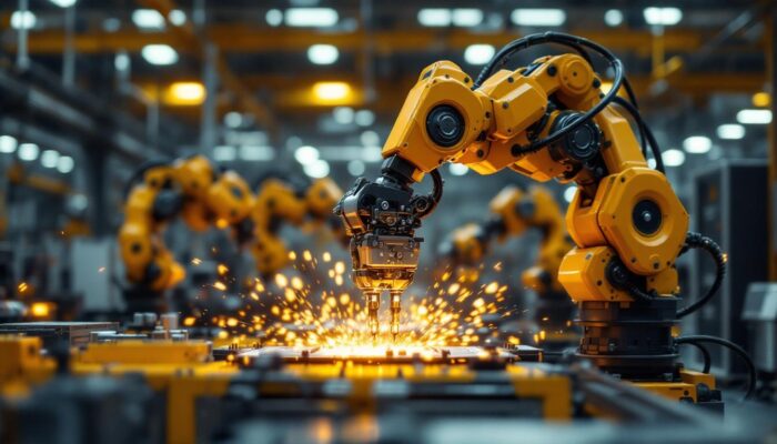 A photograph of a dynamic industrial robot in action