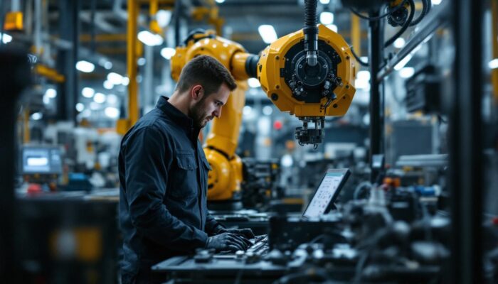 A photograph of a skilled technician programming or operating an industrial robot in a modern manufacturing facility