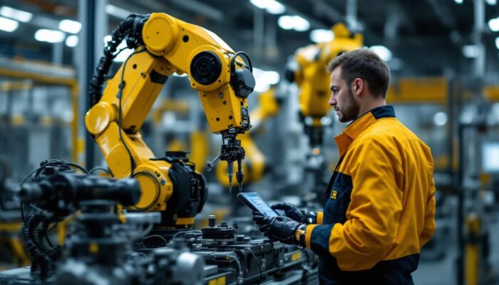 A photograph of a skilled technician programming or operating an industrial robot in a modern manufacturing environment