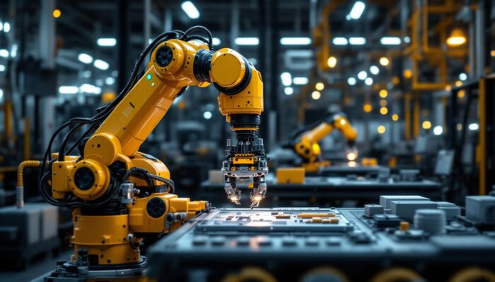 A photograph of a sleek industrial robotic arm in action within a modern manufacturing setting