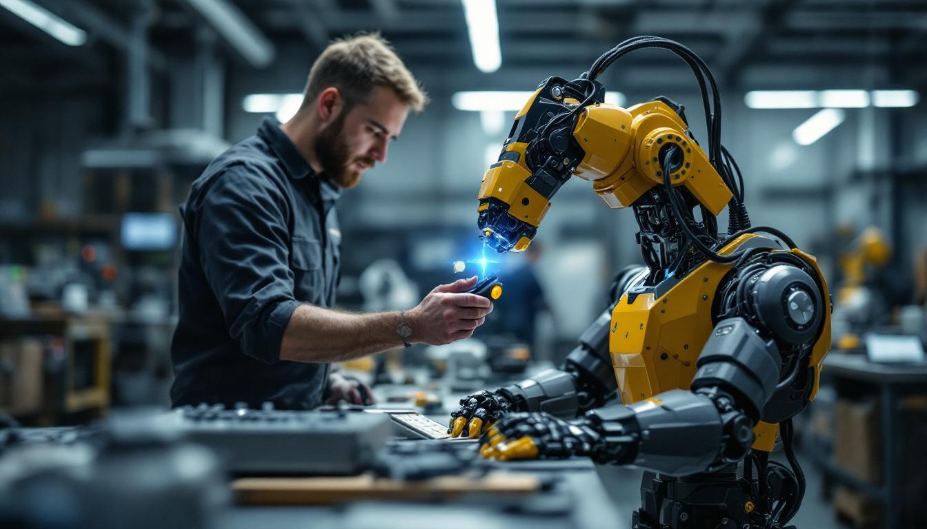 A photograph of a skilled technician programming an advanced industrial robotic arm while interacting with a life-like robotic dog prototype