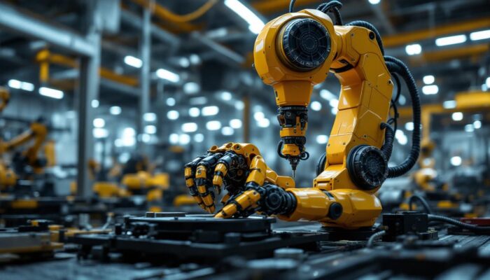 A photograph of a modern industrial robot in action on a factory floor