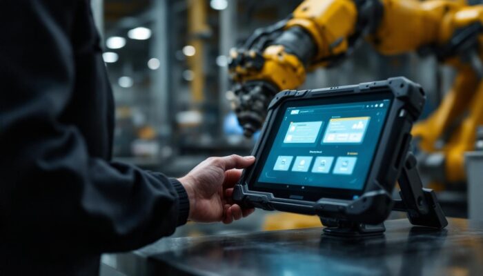 A photograph of capture a photograph of a rugged industrial tablet pc in use on a factory floor