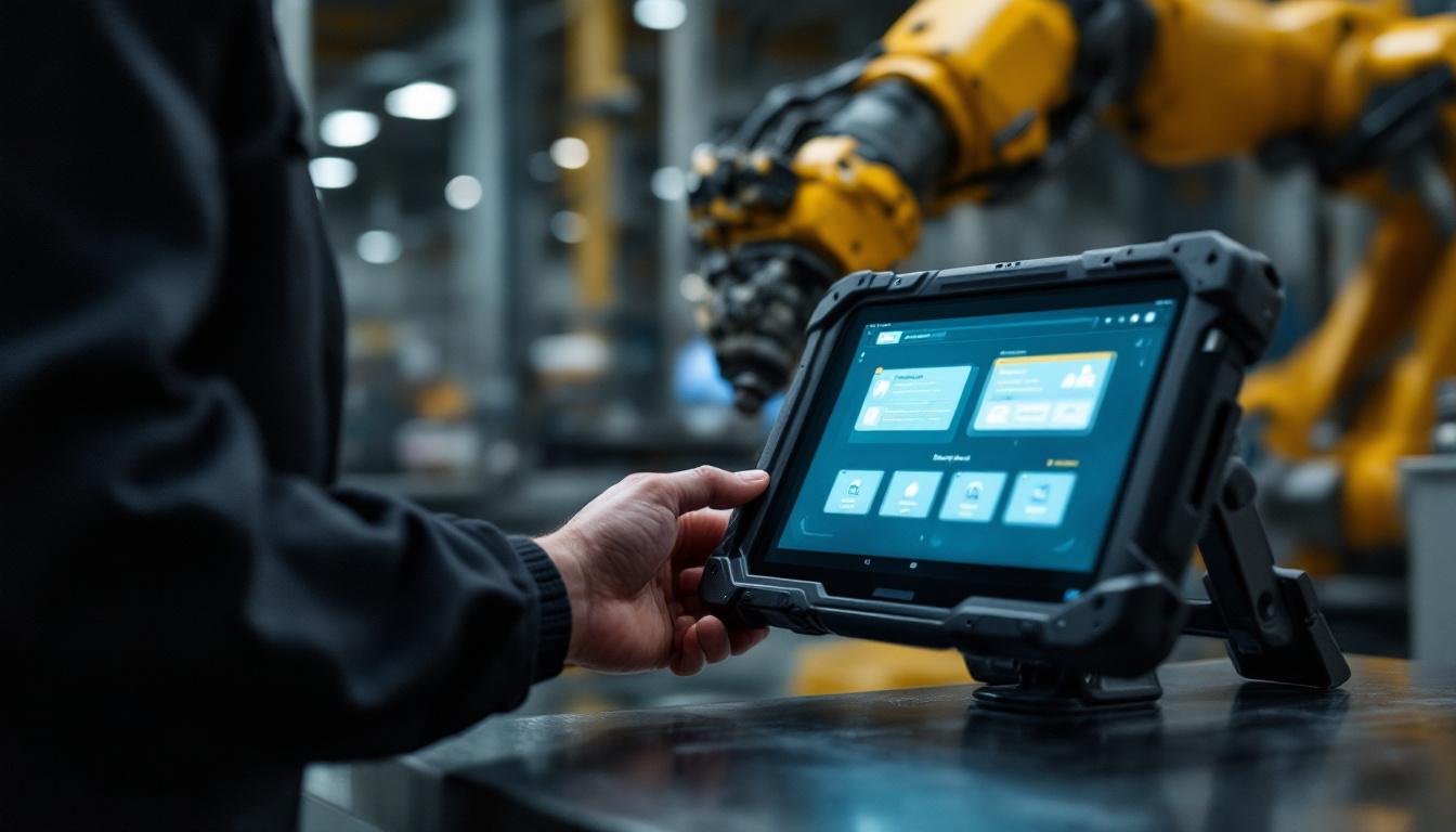 A photograph of capture a photograph of a rugged industrial tablet pc in use on a factory floor