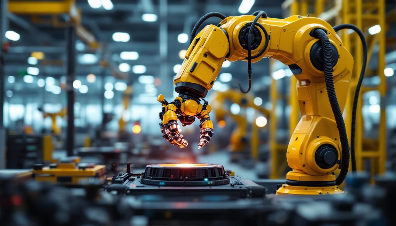 A photograph of a sleek industrial robotic arm in action within a modern manufacturing facility