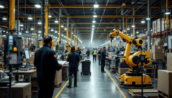 A photograph of a busy amazon warehouse floor showcasing both human workers and robotic systems in action