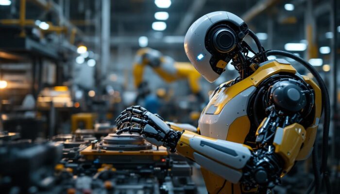 A photograph of a sleek industrial robot in action within a modern manufacturing environment