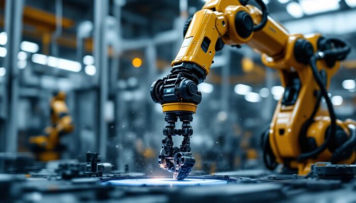 A photograph of a sleek industrial robotic arm in action