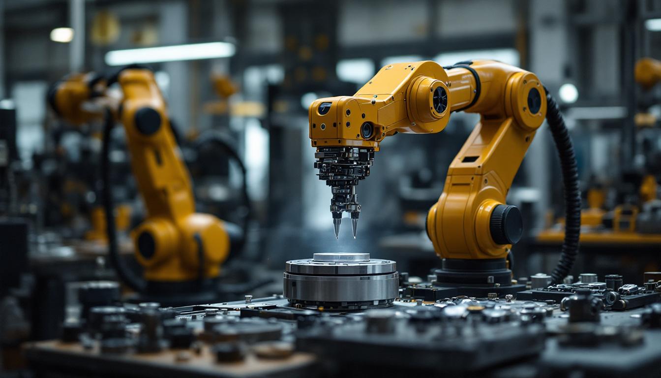 A photograph of a sleek industrial robotic arm in action at alex watch works in portland