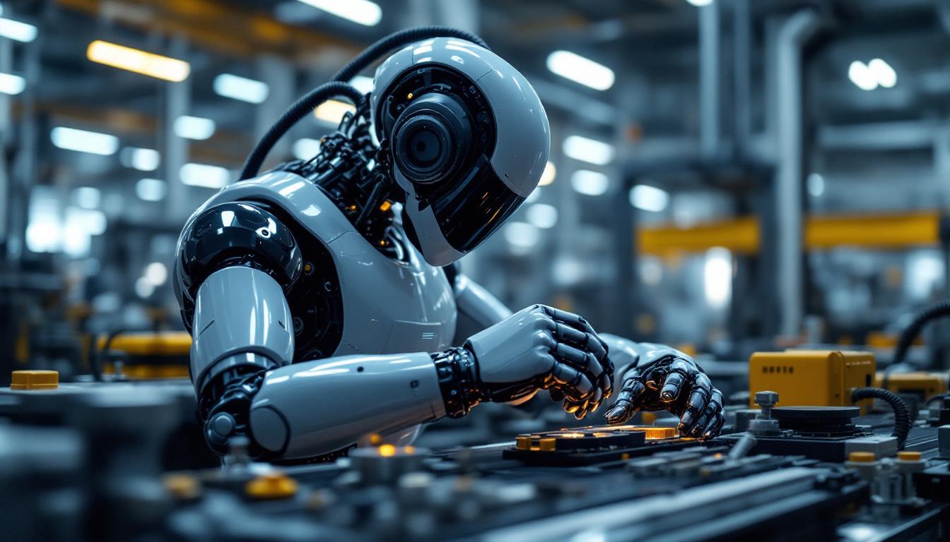 A photograph of a sleek industrial robot in action within a manufacturing environment