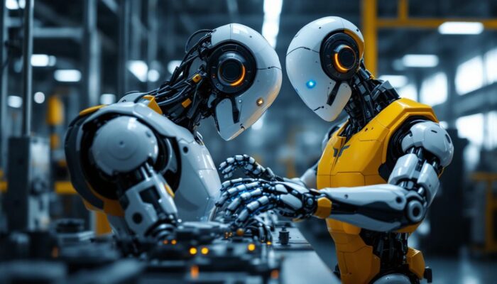 A photograph of a sleek industrial robot in action within a manufacturing environment