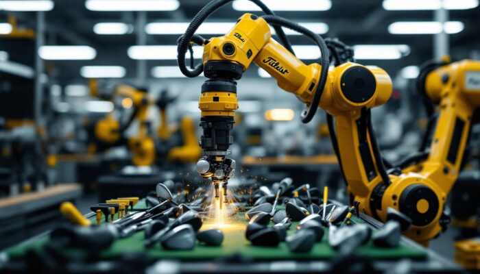 A photograph of a sleek industrial robotic arm in action