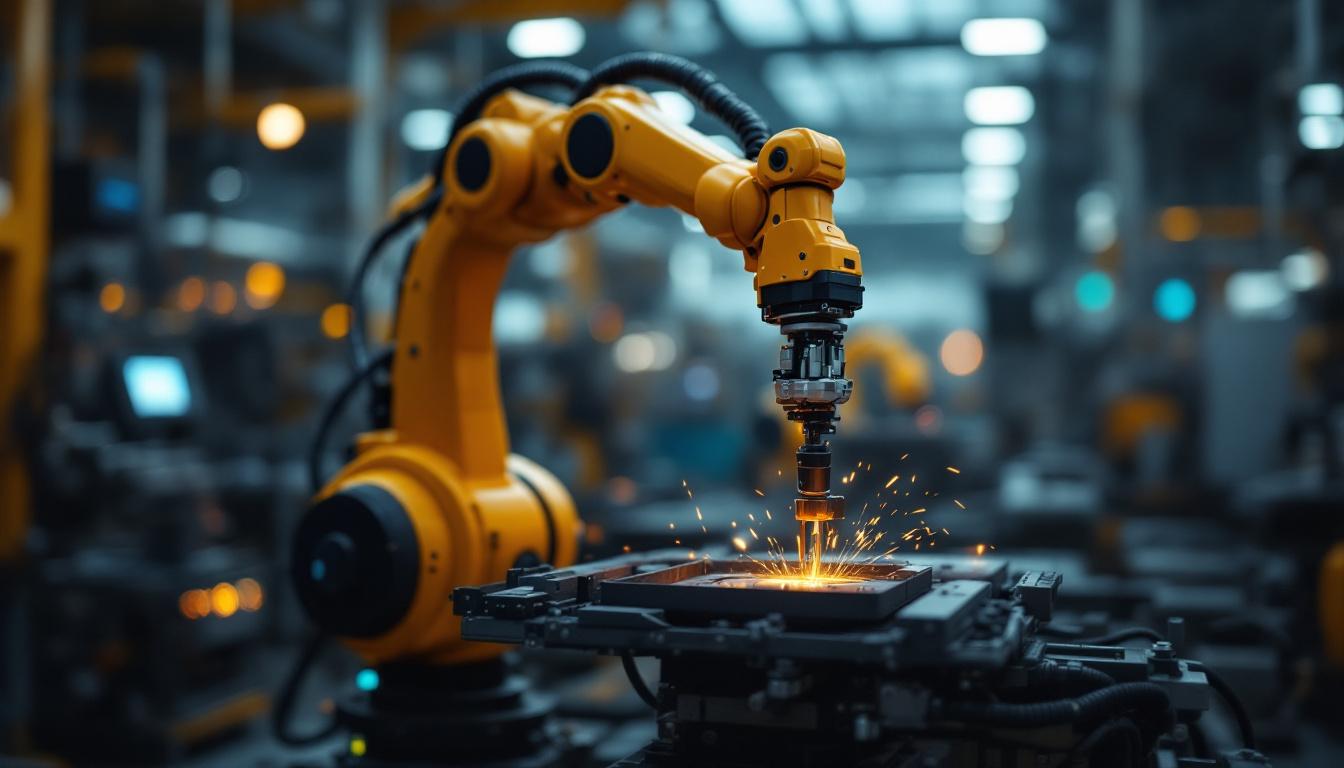 A photograph of a sleek industrial robotic arm in action