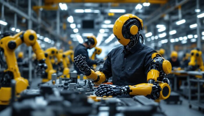 A photograph of a dynamic industrial robotics team in action at a boston manufacturing facility