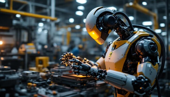 A photograph of a sleek industrial robot in action within a manufacturing environment