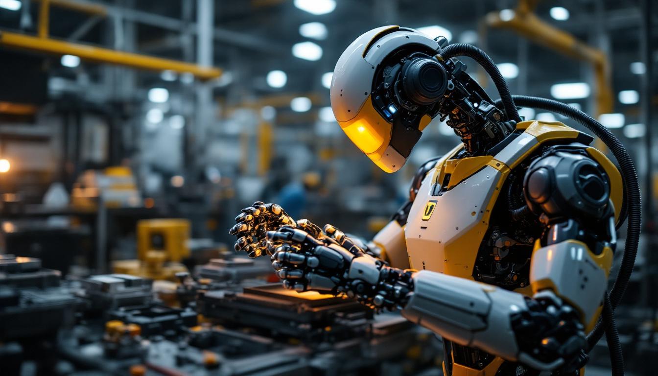 A photograph of a sleek industrial robot in action within a manufacturing environment