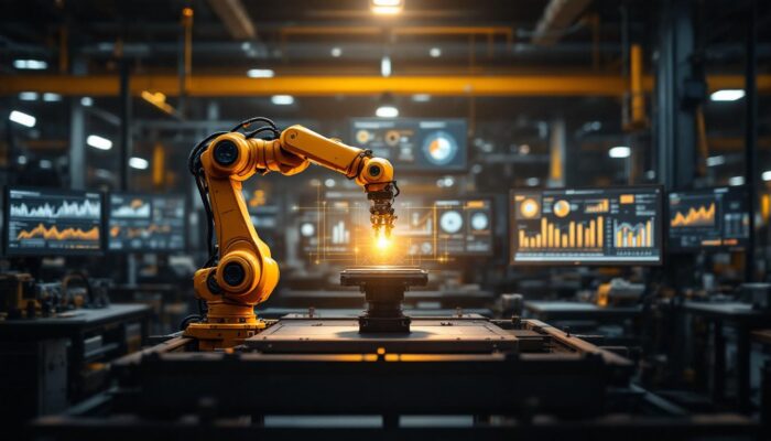A photograph of a dynamic industrial robotics workspace