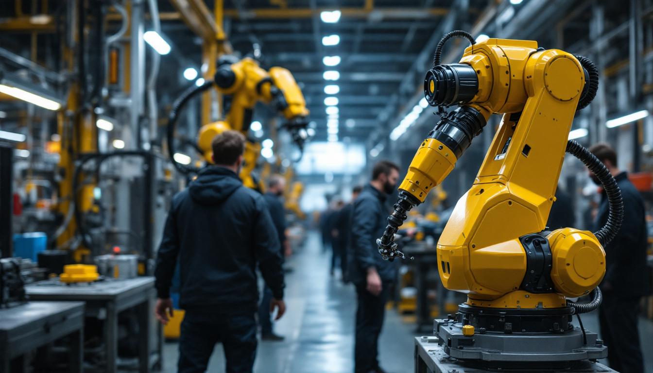 A photograph of a dynamic industrial robot in action within a boston manufacturing facility