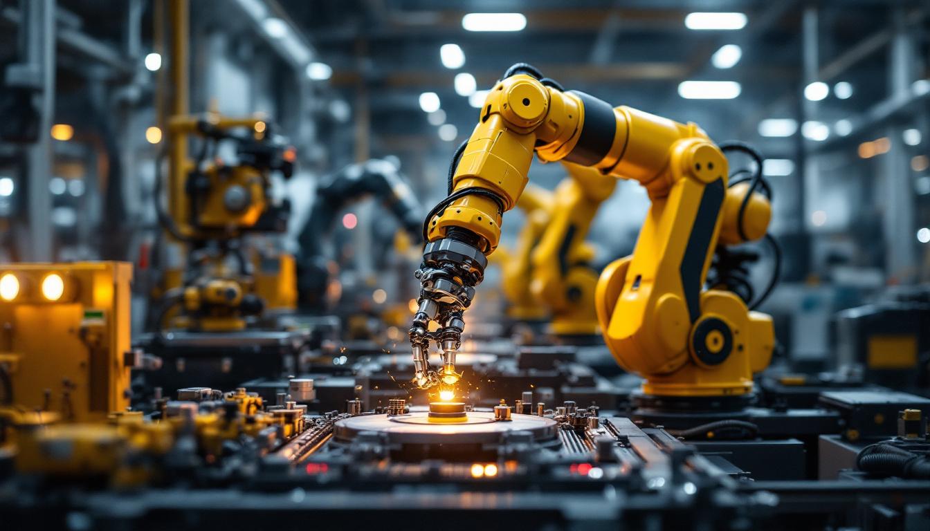 A photograph of a dynamic industrial robotics workspace