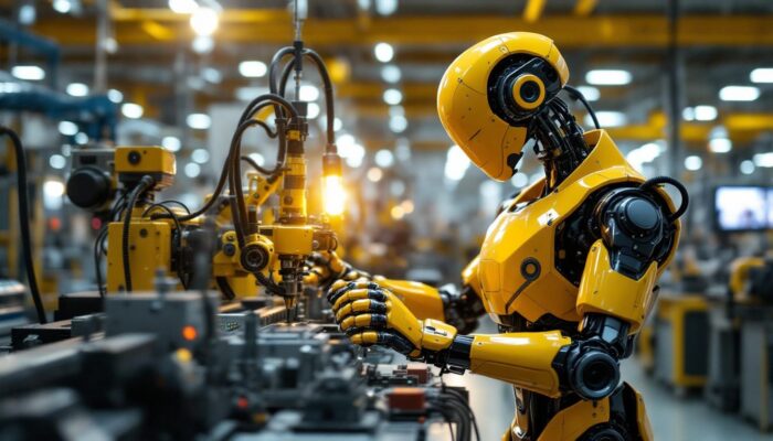 A photograph of a sleek industrial robot in action on a factory floor