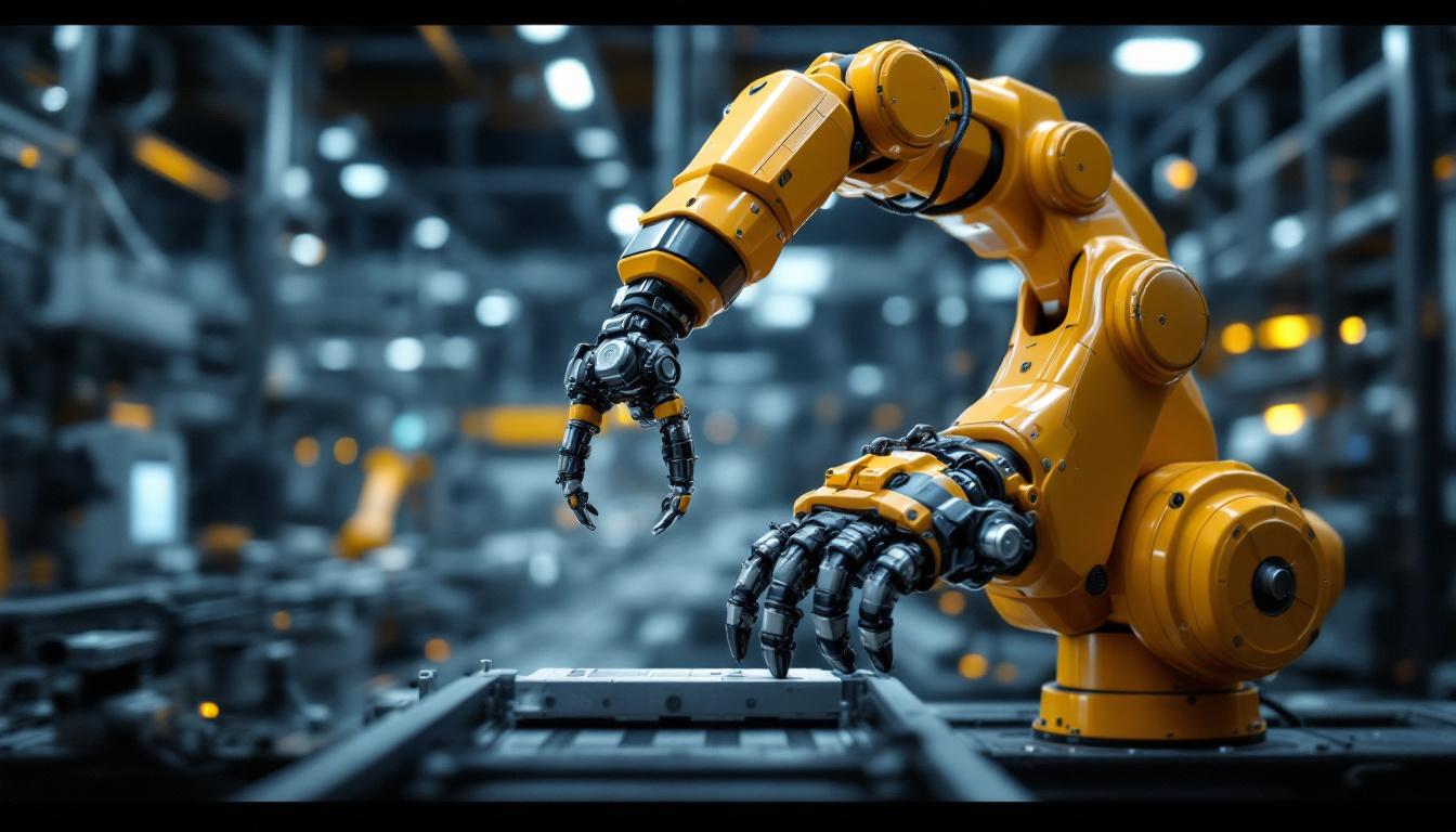 A photograph of a sleek industrial robotic arm in action within a modern manufacturing facility