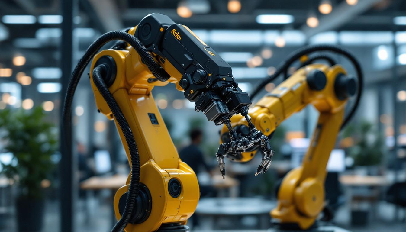 A photograph of capture a photograph of an industrial robotic arm in action within the google headquarters