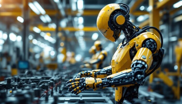 A photograph of a sleek industrial robot in action