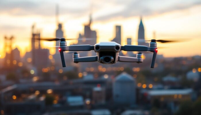A photograph of a drone in action over an industrial site in massachusetts