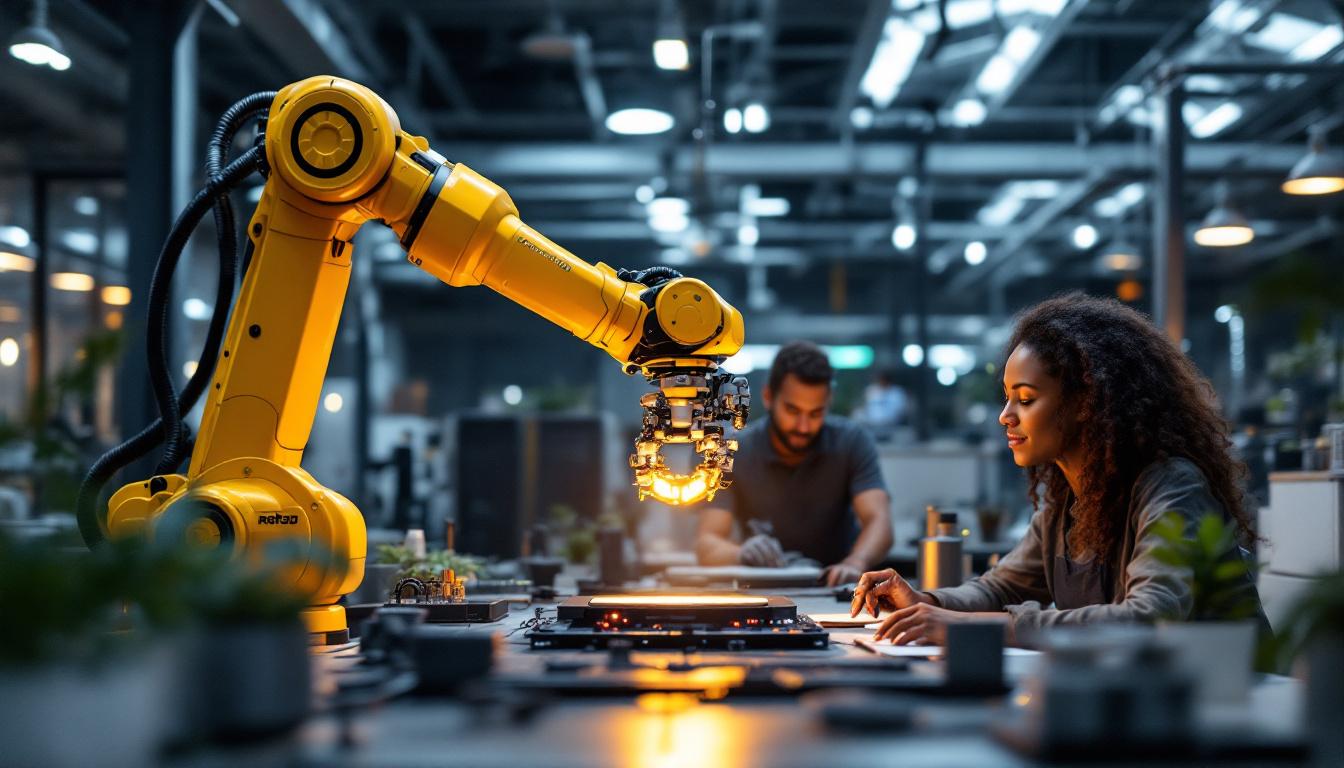 A photograph of a dynamic industrial workspace featuring a robotic arm in action